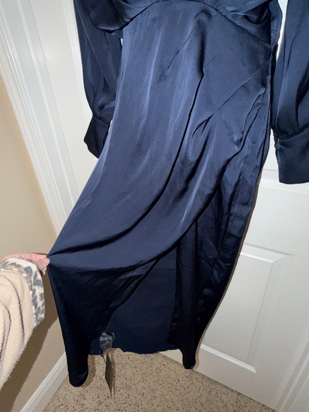 ASTR The Label Midnight Blue Satin Wrap Midi Dress Cutout NWT Small - Picture 5 of 8